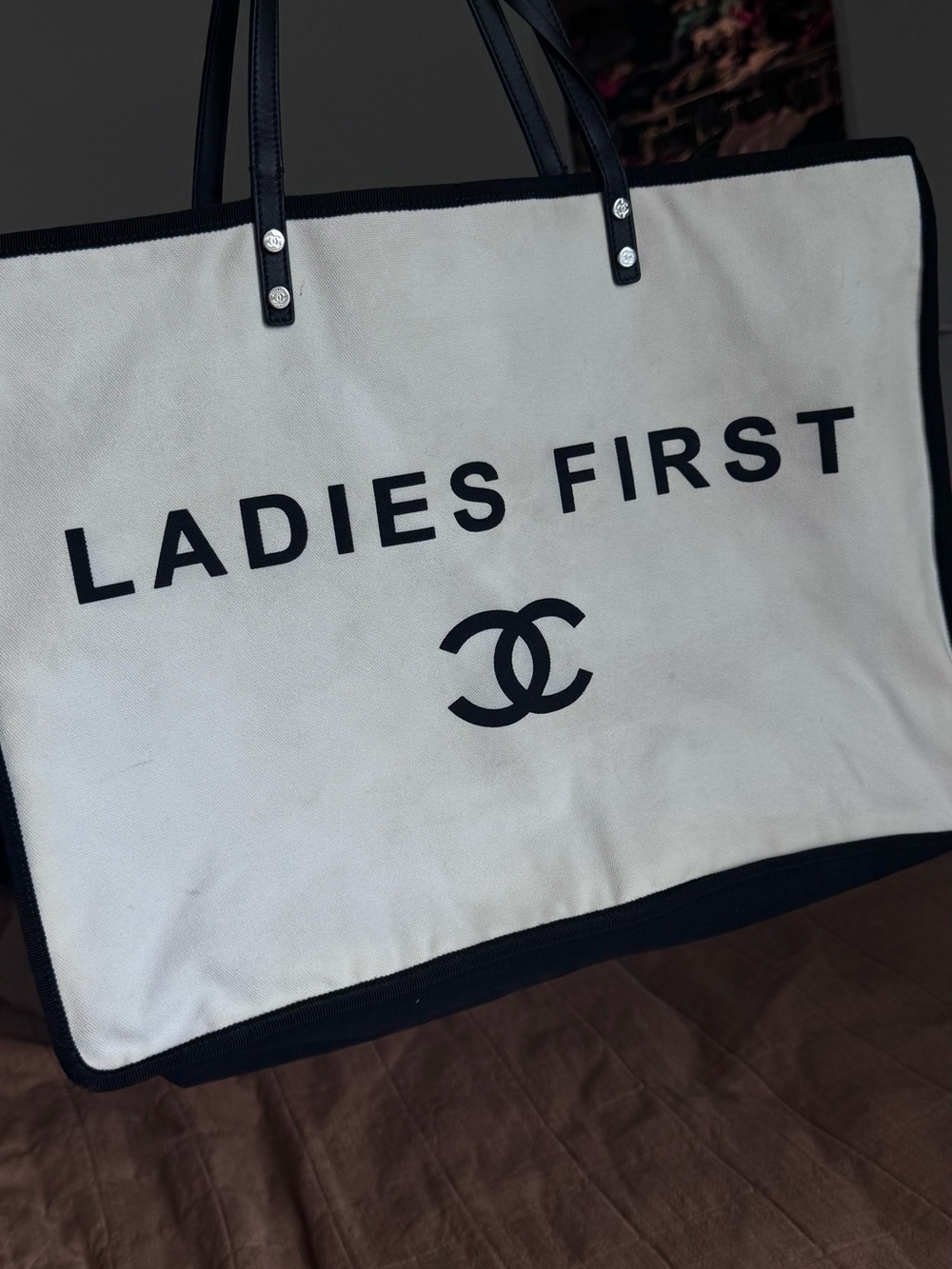 CHANEL Ladies First Canvas Tote in White and Black